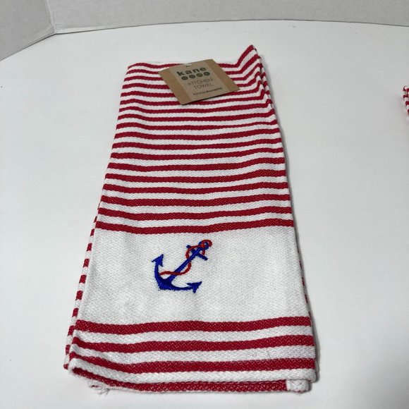 Striped Red Kitchen Hand Towel Nautical Anchor - Picture 1 of 9
